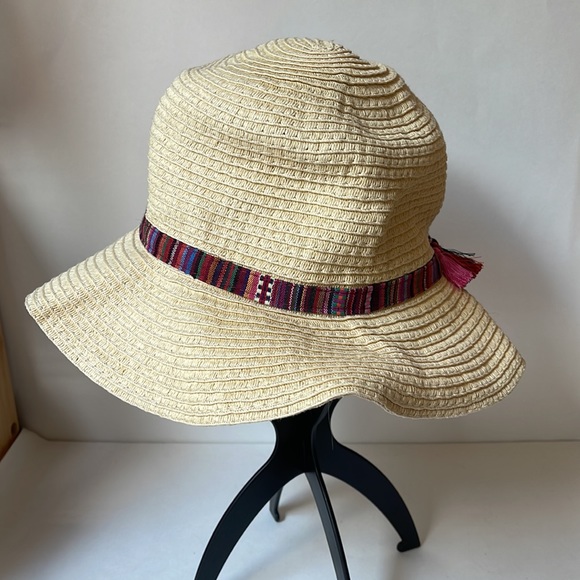 Women’s sun hat natural weave and colorful ribbon soft edge brim tassel details